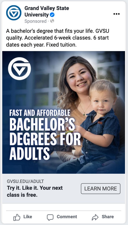 Fast and Affordable Bachelor's Degrees for Adults Facebook Ad preview